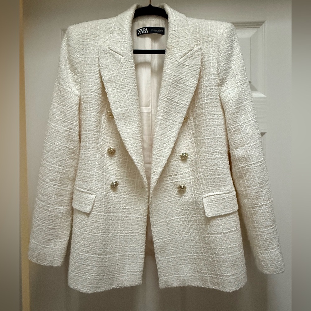 Zara Double Breasted Ivory Textured Blazer
